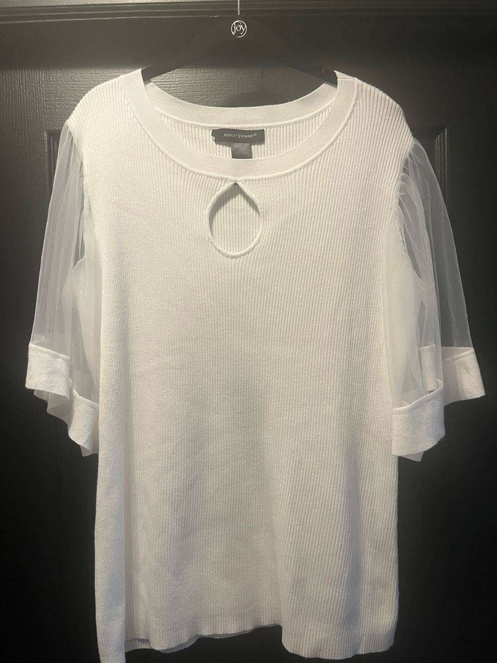 Ashley Stewart White Knit Tee with Sheer Short Sleeves